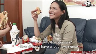 Anal porn with a busty brunette slut and with milk and food